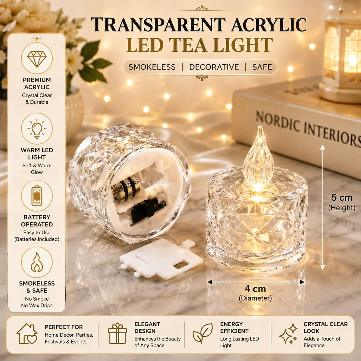 LED Acrylic Crystal Tea Light Candles Warm Flickering Flame (Pack of 4)