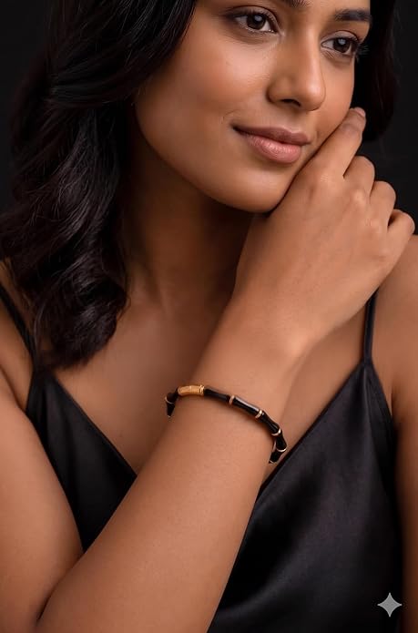 KJ Black Enamel Bamboo Bangle Bracelet with Gold-Tone Accents