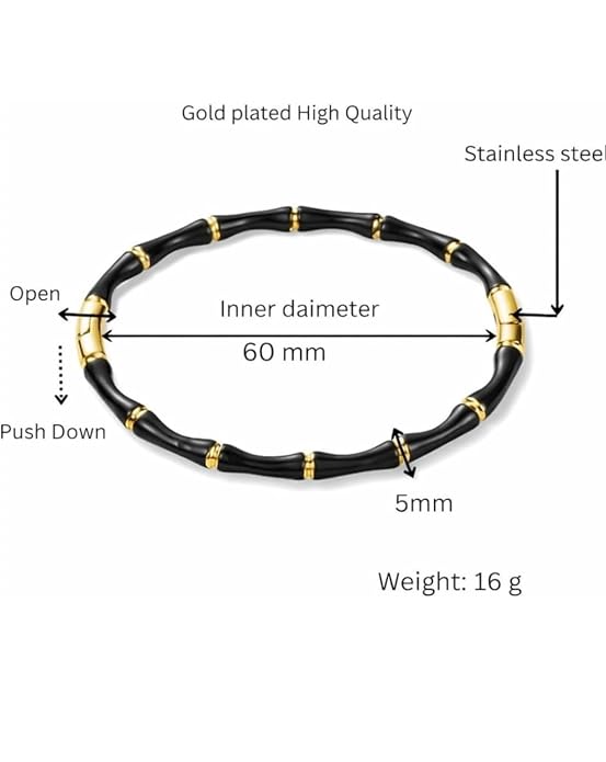 KJ Black Enamel Bamboo Bangle Bracelet with Gold-Tone Accents