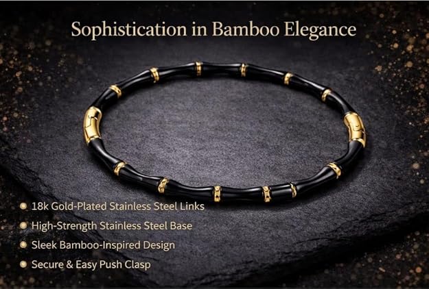 KJ Black Enamel Bamboo Bangle Bracelet with Gold-Tone Accents