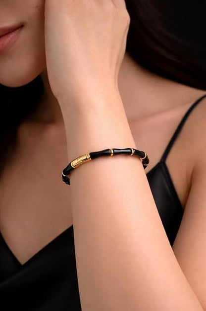 KJ Black Enamel Bamboo Bangle Bracelet with Gold-Tone Accents
