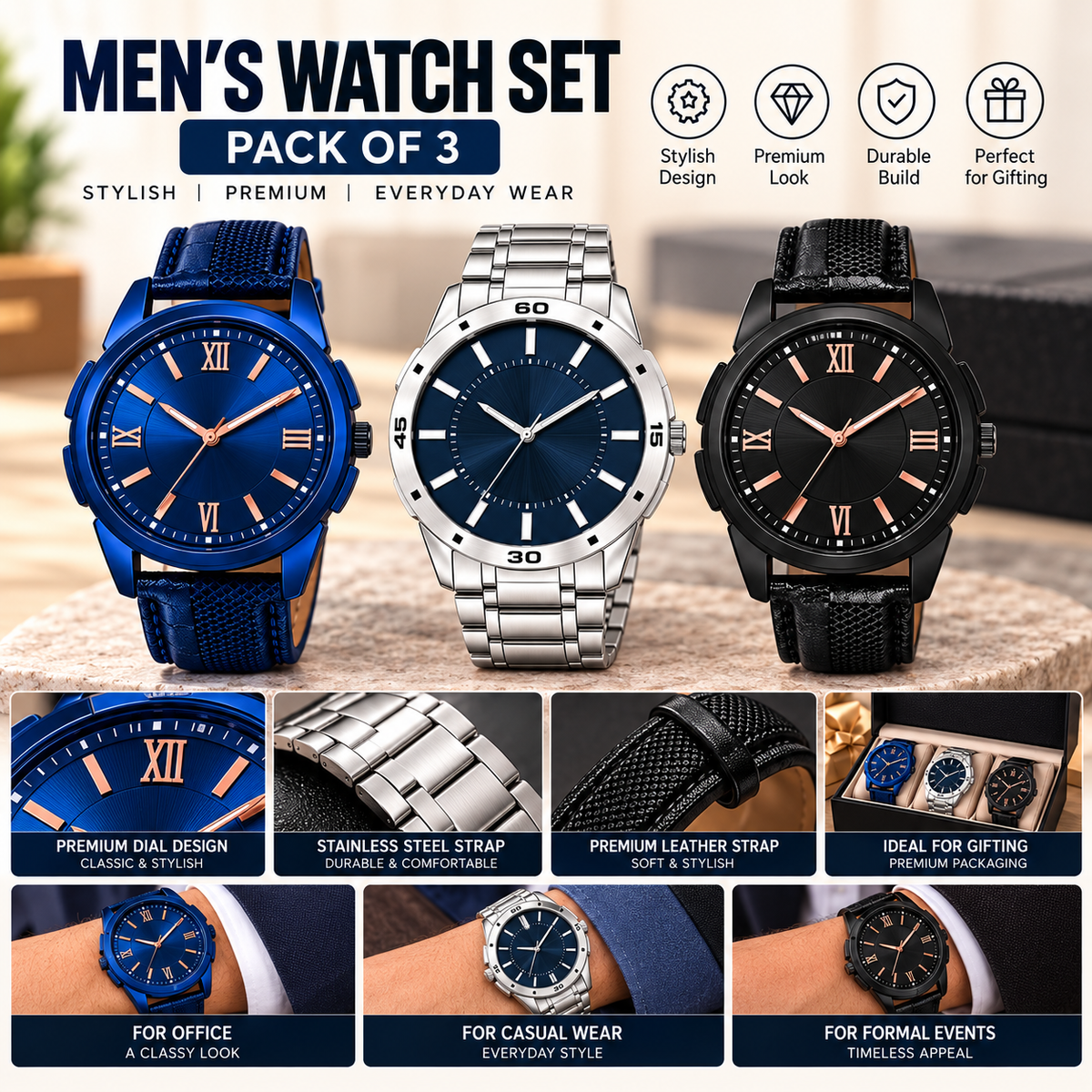 Men’s Analog Watch Set – Pack of 3 (Blue, Silver & Black) pack of 3