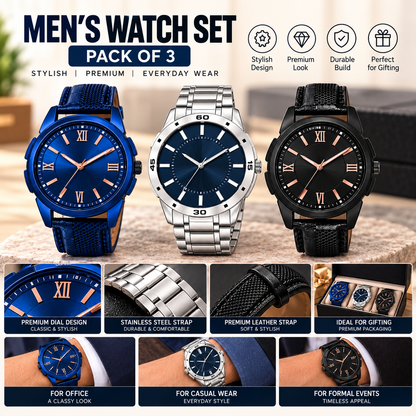 Men’s Analog Watch Set – Pack of 3 (Blue, Silver & Black) pack of 3