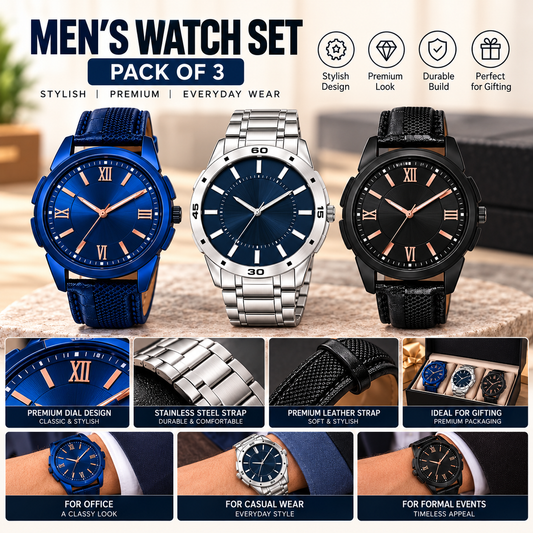 Men’s Analog Watch Set – Pack of 3 (Blue, Silver & Black) pack of 3